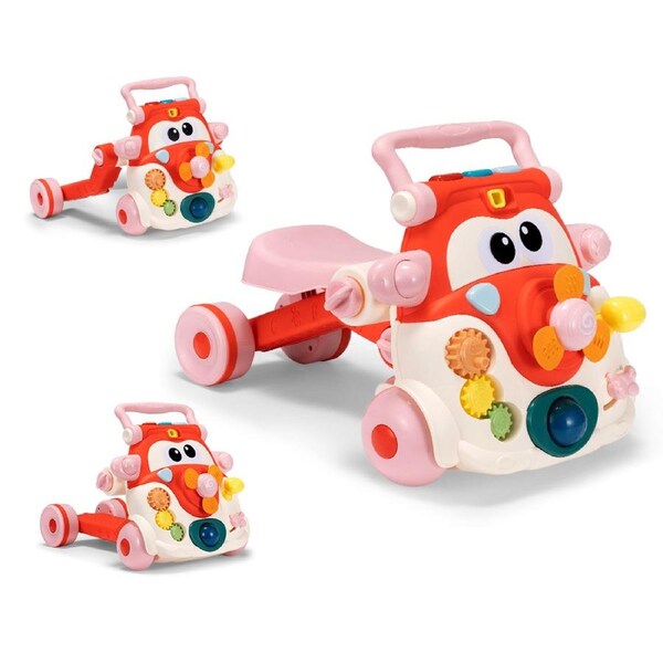 PlayPals 3-in-1 90° Rotating Head Baby Push Walker Balance Bike Scooter Toddler Ride on Toy w/ Music Red