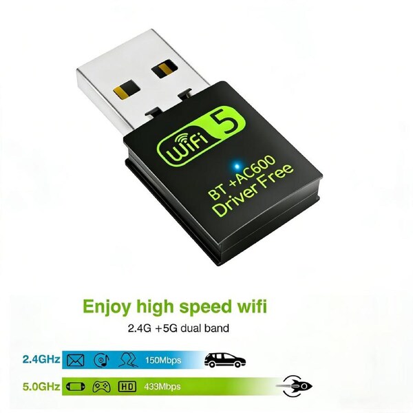 AC600 WiFi and Bluetooth 2-in-1 USB Adapter, Dual Band 5GHz/2.4GHz Mini Wireless Network Receiver Dongle, Driver Free for PC/Laptop/Desktop - VELORICA