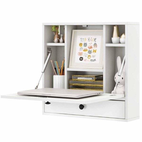 Costway Wall Mount Computer Desk Folding Space-Saving Laptop Desk Office Workstation w/Storage Shelves Drawer White