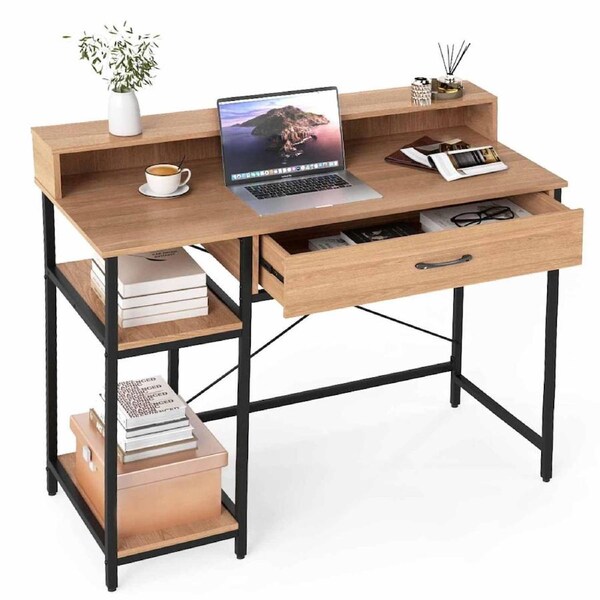 Costway Computer Desk Writing Table Metal Frame w/Storage Compartments Drawer Home Office Natural