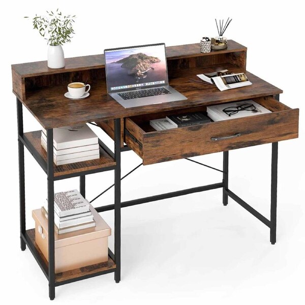 Costway Computer Desk Writing Table Metal Frame w/Storage Compartments Drawer Home Office Brown