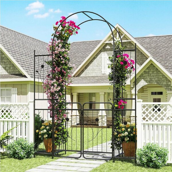 Costway 2.2M 3in1 Garden Arch Metal Arbor Outdoor Climbing Plant Trellis w/Gate Planter Shelves for Ceremony