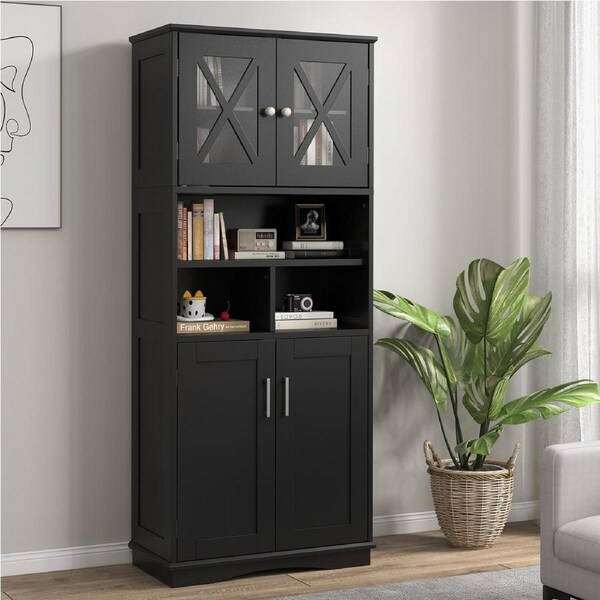 Costway Bathroom Storage Cabinet Kitchen Pantry Cupboard w/Acrylic Doors 3 Cubes Adjustable Shelves Black