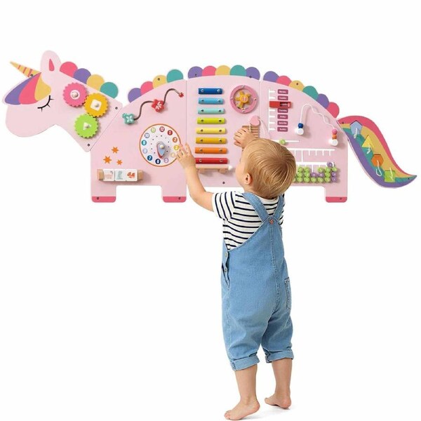 Costway 11in1 Activity Wall Busy Board Panels Unicorn-themed Montessori Sensory Toy Game Educational Pink