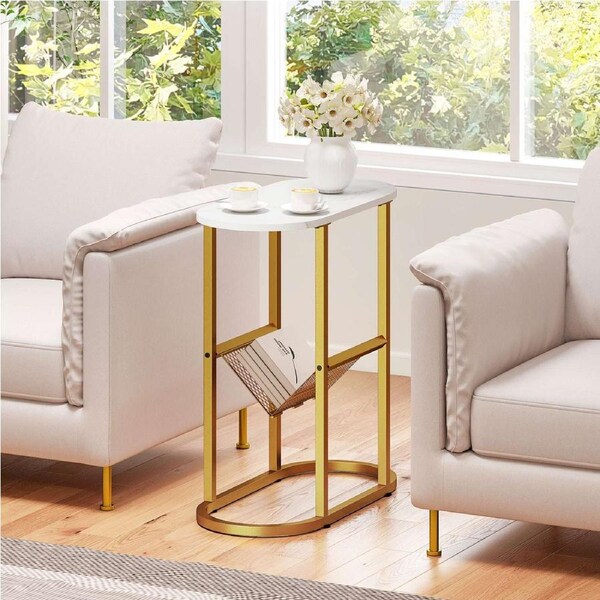 Costway Narrow Side Table Modern Sofa End Table Nightstand Bedside Magazine Holder Storage Shelf Metal Frame White+Golden