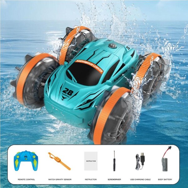 Amphibious RC Car 2 in 1 - 4WD All-Terrain Remote Control Stunt Car with Waterproof Design for Boys-Green
