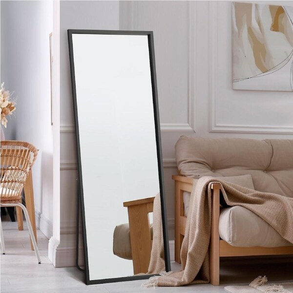 Oikiture Wooden Full Length Mirror Rectangle Floor Mirrors Free Standing Black