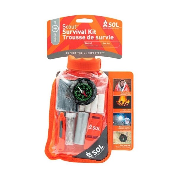 SOL Scout Survival Kit Waterproof Rescue Whistle Signal Mirror 96x60in Blanket