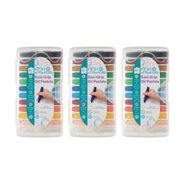 3x 12pc First Creations Easi-Grip Oil Pastels Non-Toxic Hexagonal w/Case 18m+
