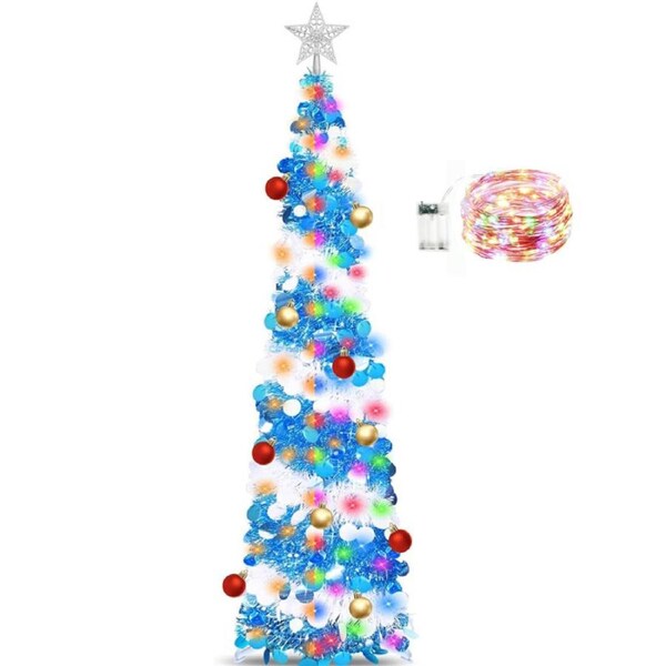 Catzon 5Ft Pop Up Christmas Tree DIY Pencil Tree with 50 Color Lights Xmas Party Decorations-Blue