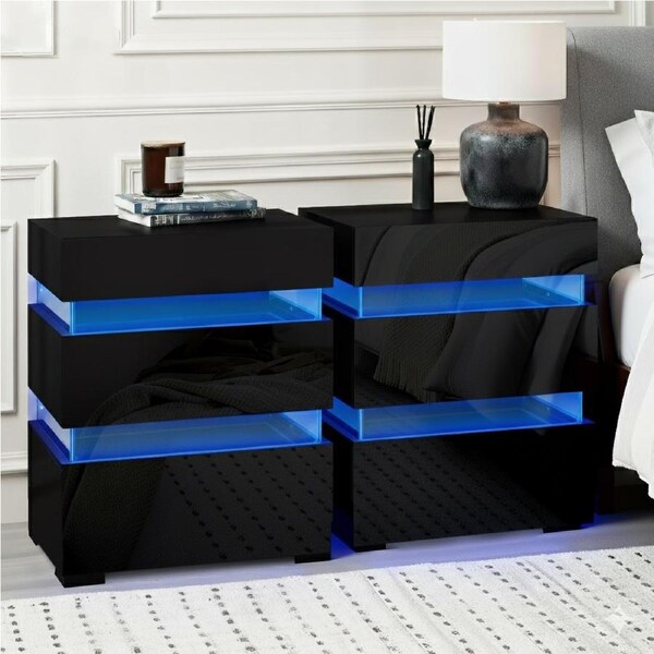 Artiss 2x Bedside Table LED 3 Drawers - LUMI Black