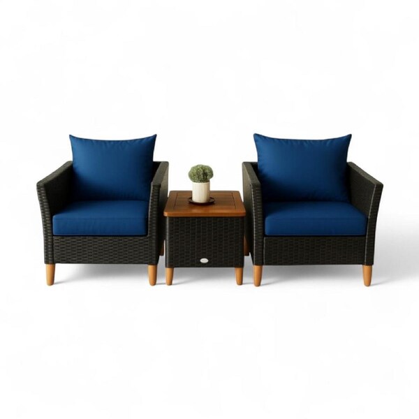Begili Nathan 3-Piece Outdoor Lounge Set ? Navy - Compact Wicker Patio Sofa & Coffee Table for Balcony, Garden or Deck