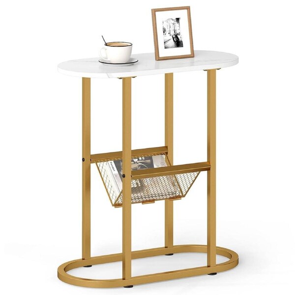 Giantex Modern End Table Nightstand Narrow Side Table w/Magazine Holder Metal Frame White & Golden