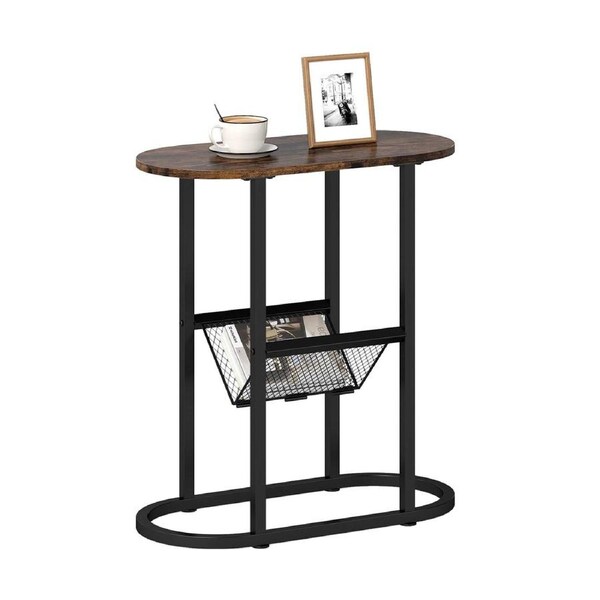 Giantex Modern End Table Nightstand Narrow Side Table w/Magazine Holder Metal Frame Brown & Black