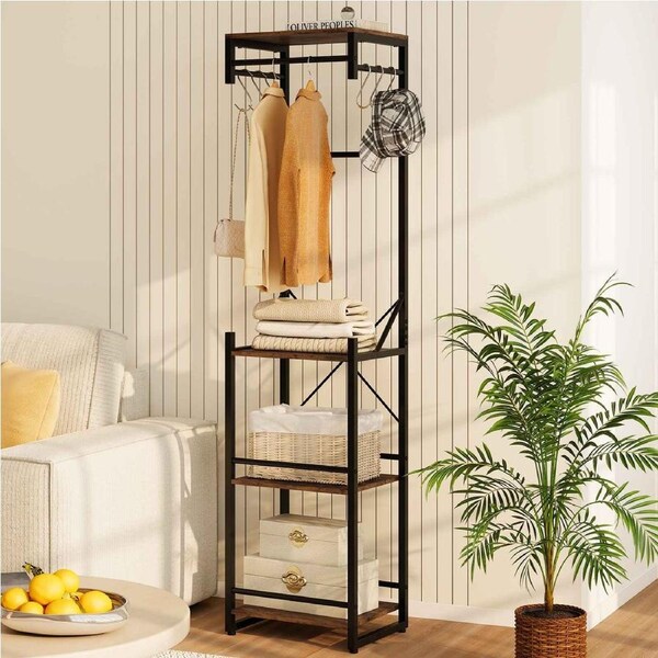Costway Coat Rack Clothes Stand Slim Hall Tree Shoe Rack w/Hook Shelf Hanging Rod Metal Storage Organizer