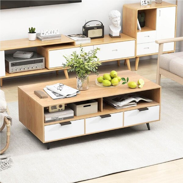 Costway Coffee Table Modern Center Table Tea Table Side Table Storage Shelf Dining Table 3 Drawers Metal Legs