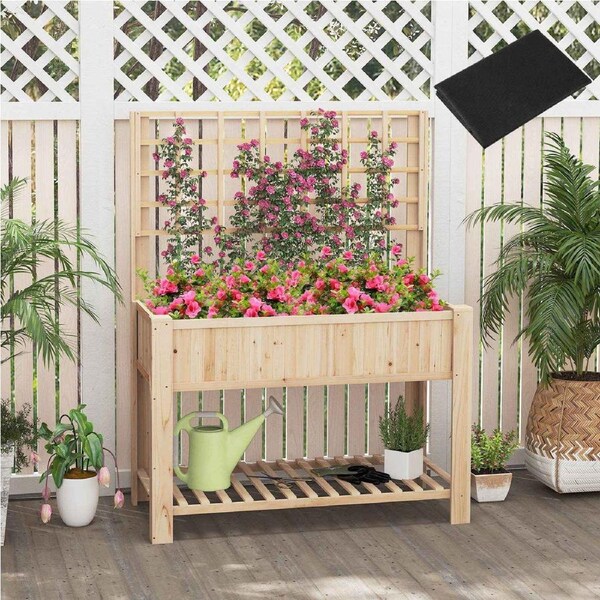 Costway Wood Raised Garden Bed Elevated Outdoor Planter Box w/Trellis Plant Stand Shelf Flower Container Natural
