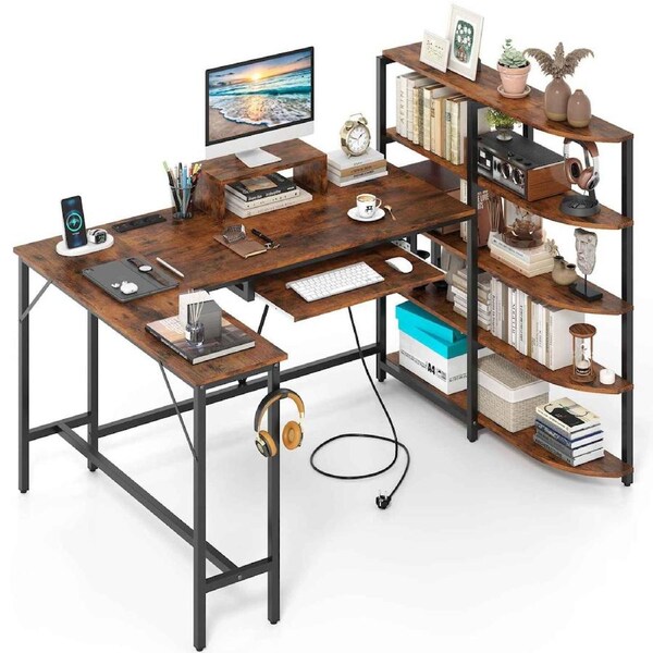 Costway L Shaped Computer Desk w/Bookshelf Charging Station Monitor Stand Office Study Writing Table