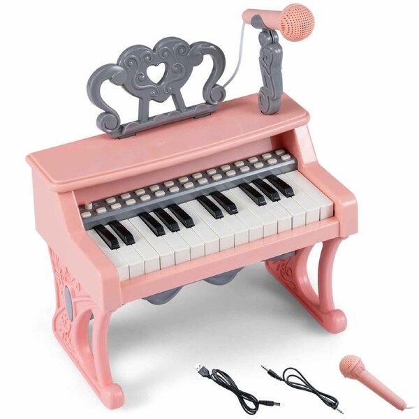 Costway 25-Key Mini Electric Piano Keyboard w/Music Stand & Microphone Portable Instrument Learning Toy Pink