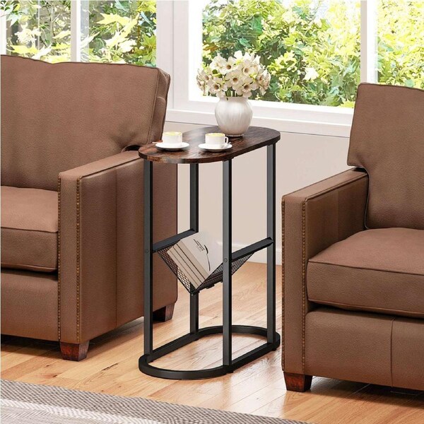 Costway Narrow Side Table Modern End Table Nightstand w/Magazine Holder & Metal Frame Brown & Black