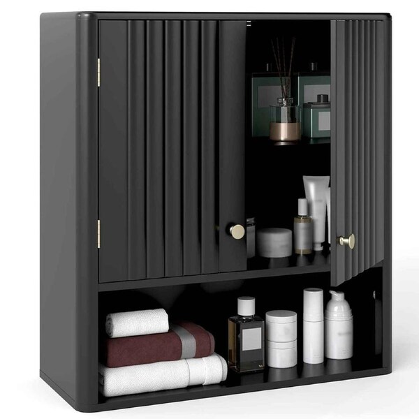Costway Wall Mounted Bathroom Cabinet Fluted Medicine Cabinet Storage Cupboard w/Open & Adjustable Shelf Toilet Organizer Black