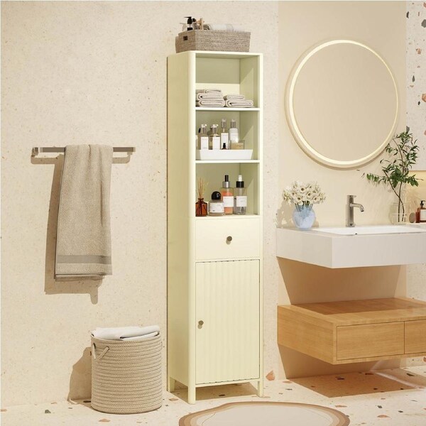 Costway 1.7m Bathroom Storage Cabinet Narrow Cupboard Organizer w/Fluted Door Shelves Drawer Beige