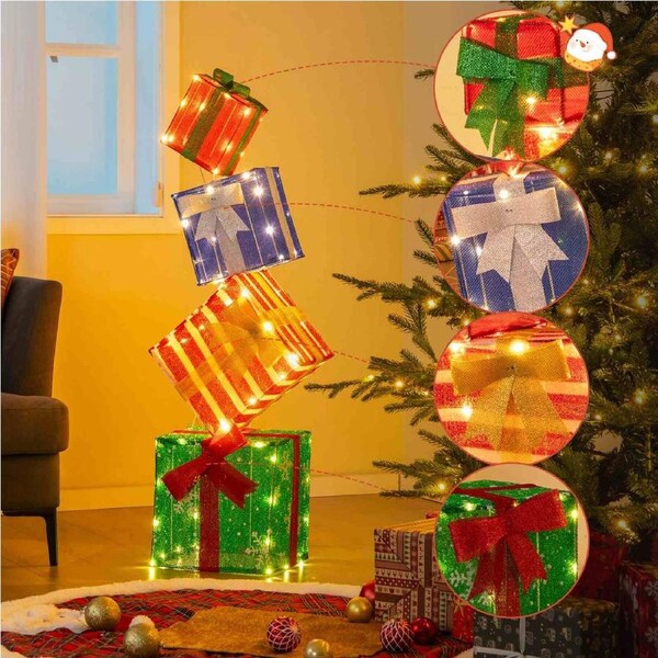Costway 1.22M LED Pre-Lit Stacked Gift Boxes Set of 4 Xmas Decor Decorative Bows Porch Yard Multi