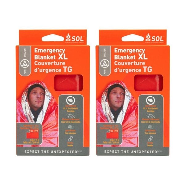 2PK SOL Emergency Blanket XL Heat Reflective Orange 147x249cm Durable Waterproof