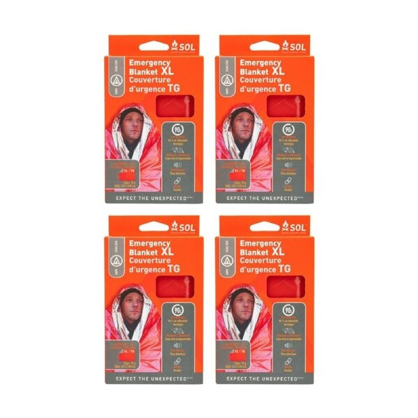 4PK SOL Emergency Blanket XL Heat Reflective Orange 147x249cm Durable Waterproof