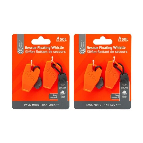 2x 2pc SOL Rescue Whistle Dual Tone Loud Floating Weatherproof Orange Lanyard