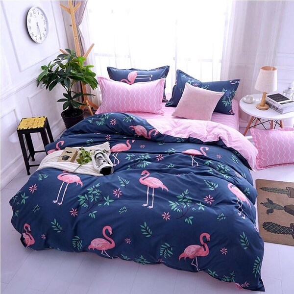 Flamingo Queen Size Bed Quilt Doona Duvet Cover & Pillow Cases Set Green Grey