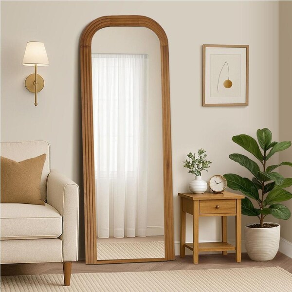 Oikiture Full Length Arch Mirror 165x60cm Walnut Wood Top Rounded Corner Bedroom