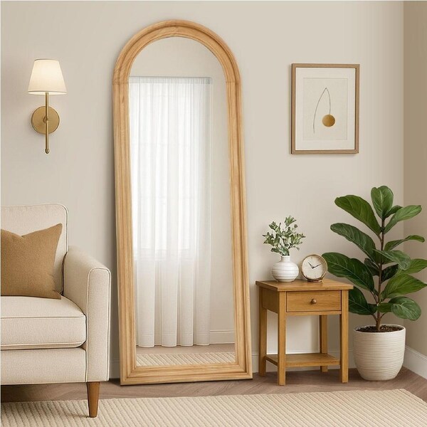 Oikiture Full Length Mirror Elegance Arch 165x60cm Natural Wood Floor Mirrors