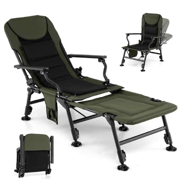 Costway Folding Fishing Chair Oversized Camping Recliner Chair Portable w/Adjustable Feet Picnic Seat Outdoor Green