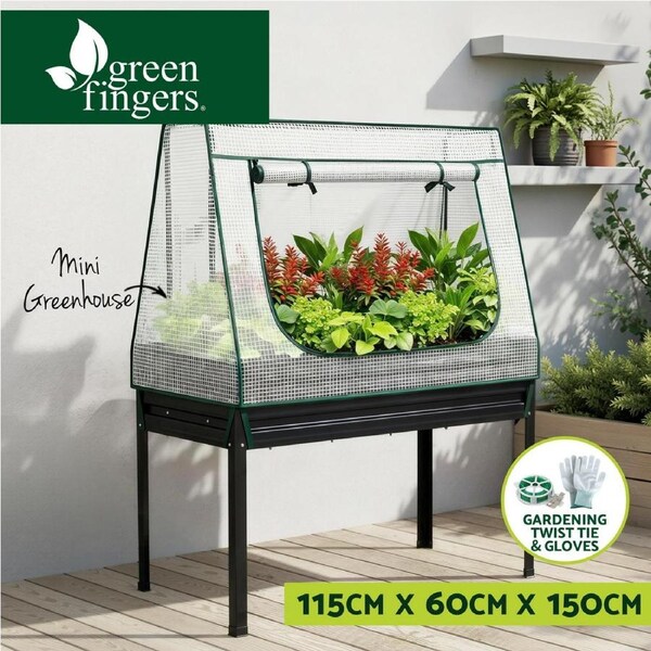 Green Fingers Elevated Metal Garden Bed Kit w Mini Greenhouse Cover 116x60cm Stand-Up Height Trellis