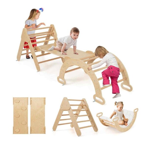 Costway Climb Playset 8-in-1 Wood Climbing Triangle Frame Climber & Arch Set Ramp Ladder Indoor Montessori Toy Natural