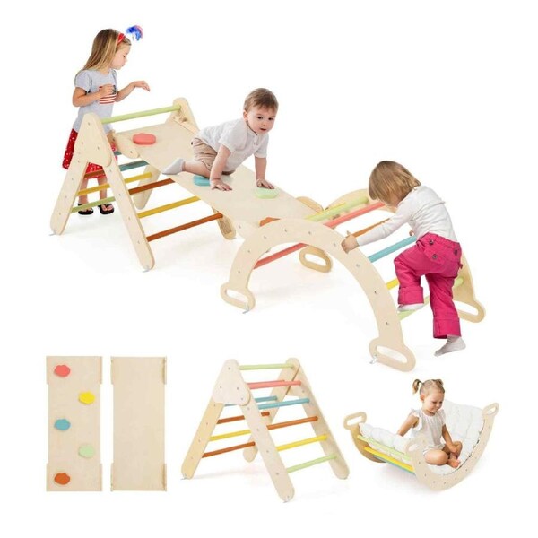 Costway Climb Playset 8-in-1 Wood Climbing Triangle Frame Climber & Arch Set Ramp Ladder Indoor Montessori Toy