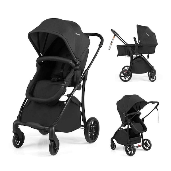 Costway 2in1 Convertible Travel Stroller Folding Pram Babies Pushchair w/Reversible Seat Adjustable Canopy Black