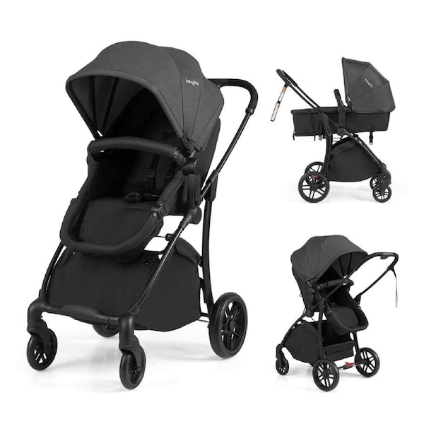 Costway 2in1 Convertible Travel Stroller Folding Pram Babies Pushchair w/Reversible Seat Adjustable Canopy Grey