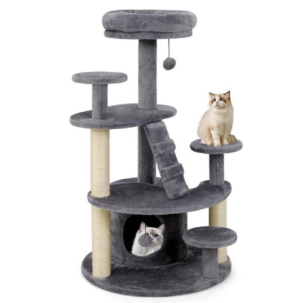Costway Adult Cat Tree Plush Condo Multi-level Kitty Tower w/Pet Scratching Posts Climbing Ladder Indoor Grey