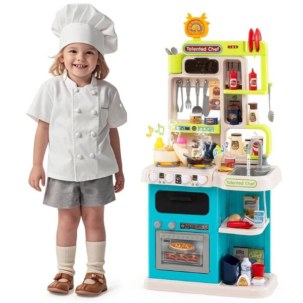 Babyjoy Kid Kitchen Playset 95pc Corner Steam Role Play Kitchen w/Sound Light Stove Sink Cooking Toy Blue