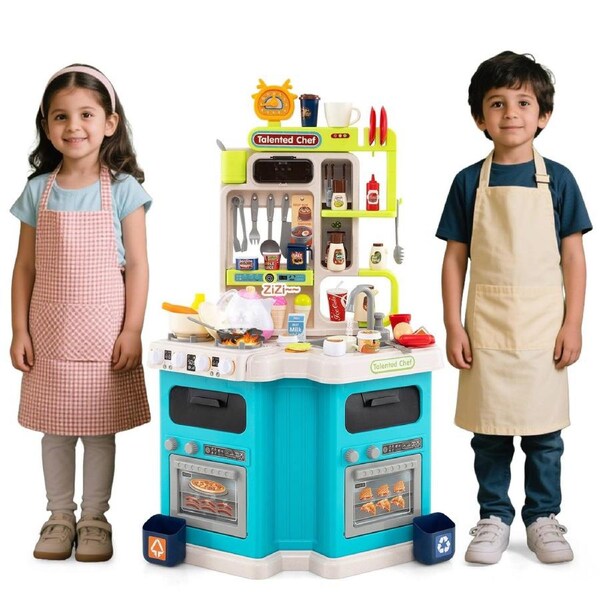 Babyjoy Kid Kitchen Playset 113pc Corner Steam Role Play Kitchen w/Sound Light Stove Sink Cooking Toy Blue