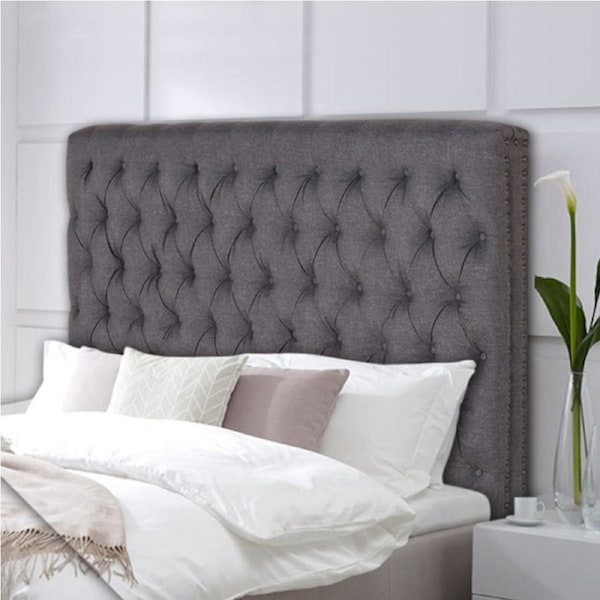 Bed Head Queen King Double Size French Provincial Headboard Upholsterd Fabric in Charcoal colour Double