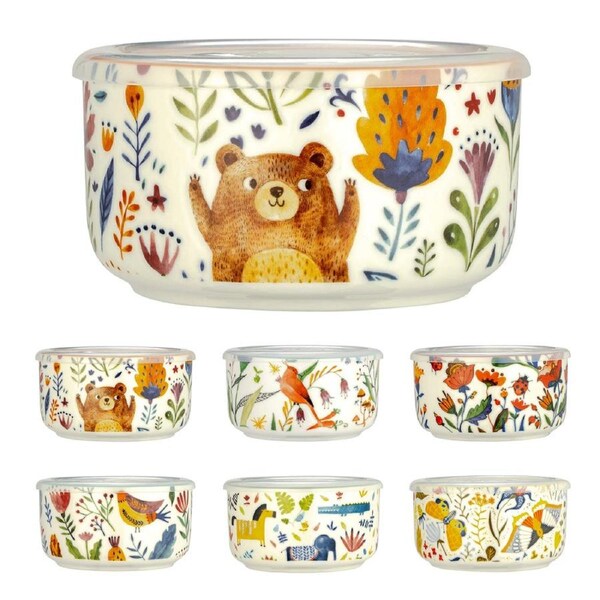 Signature BPA Free 621 ml Forest Animals 12pcs set Ceramic stoneware 6 Bowls With 6Lids