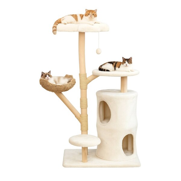142cm Tall Cat Tree Tower Multi-Level Cat Furniture with Flower Perch, Rattan Basket & Condos for Indoor Cats