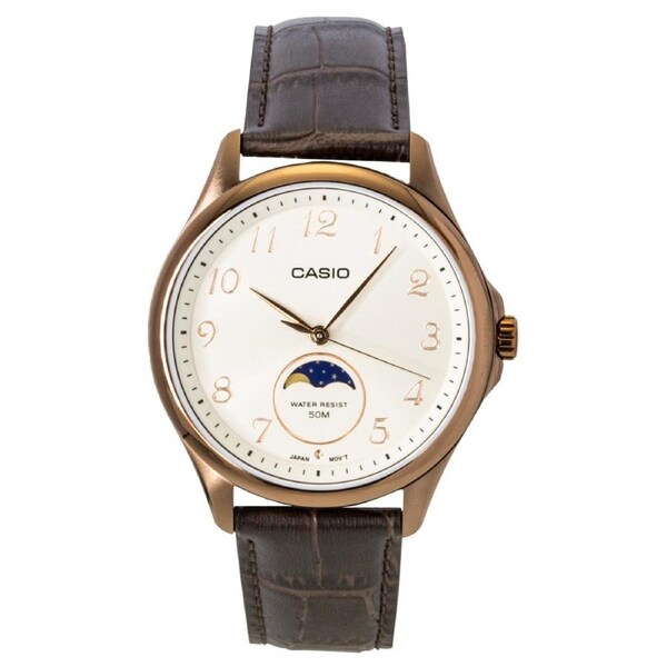 Casio Standard Analog Moon Phase Leather Strap Ivory Dial Quartz MTP-M110RL-5AV Men's Watch