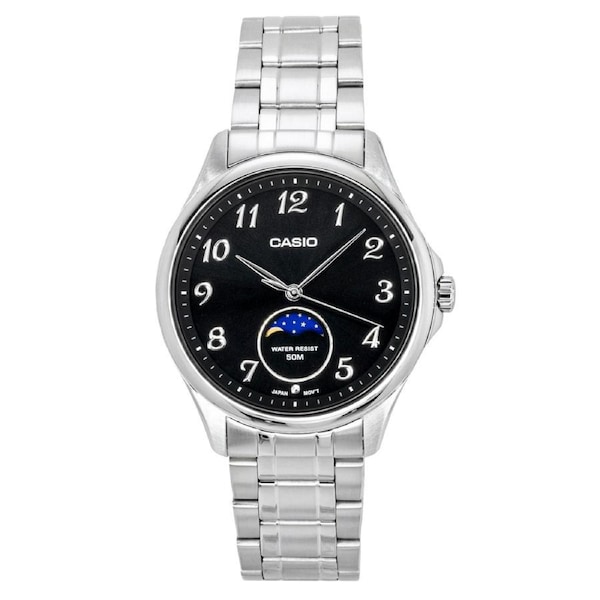 Casio Standard Analog Moon Phase Stainless Steel Black Dial Quartz MTP-M110D-1AV Men's Watch