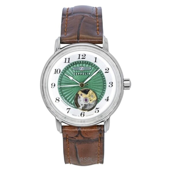 Zeppelin Friedrichshafen Leather Strap Open Heart Green Dial Automatic 85672 Women's Watch