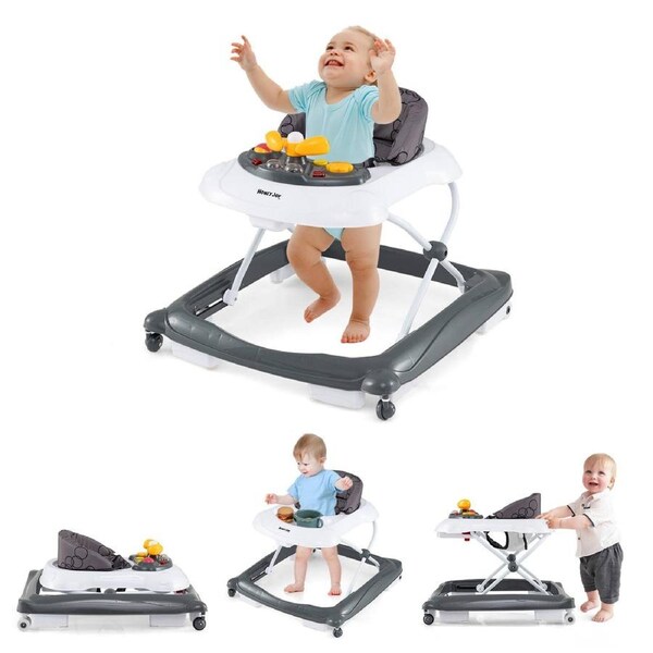 Babyjoy Push Walker Ride on Car Adjustable Walker Stroller Toy w/Padded Seat Grey
