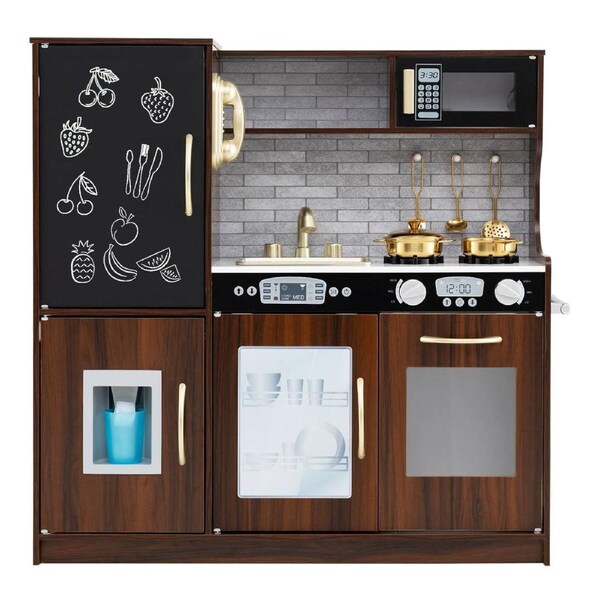 Babyjoy Pretend Cooking Toy Kitchen Playset w/Cookware & Blackboard Preschool Toy Gift Brown